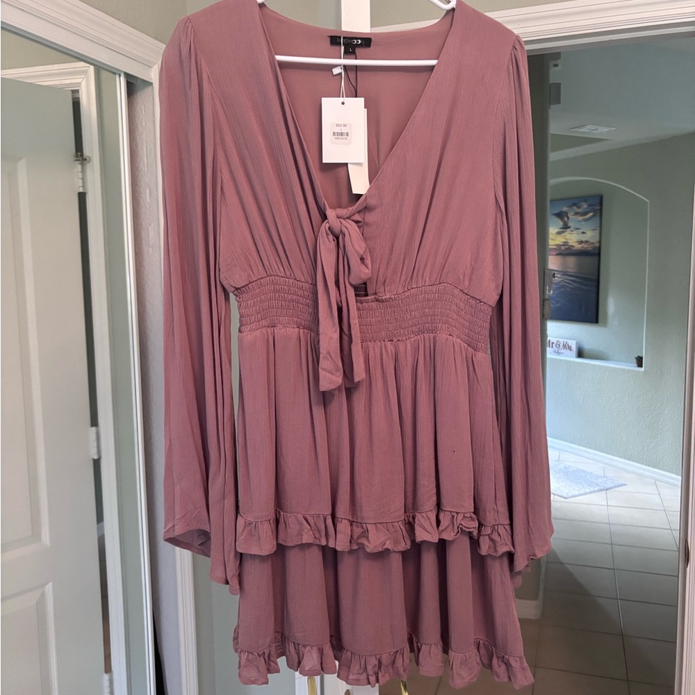 Papermoon Dusty Rose V-Neck Tiered Mini Dress
